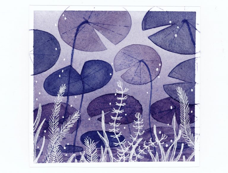 Purple lily pads underwater watercolor