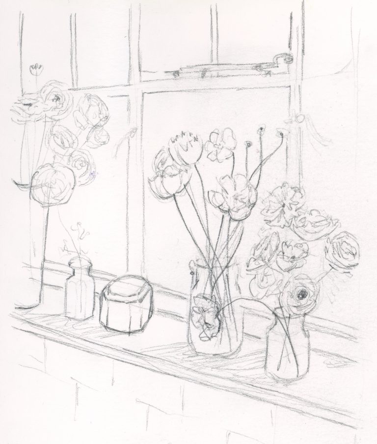 Sketch--boquets in a window