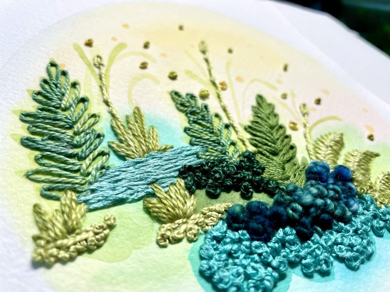 Woodland watercolor and embroidery