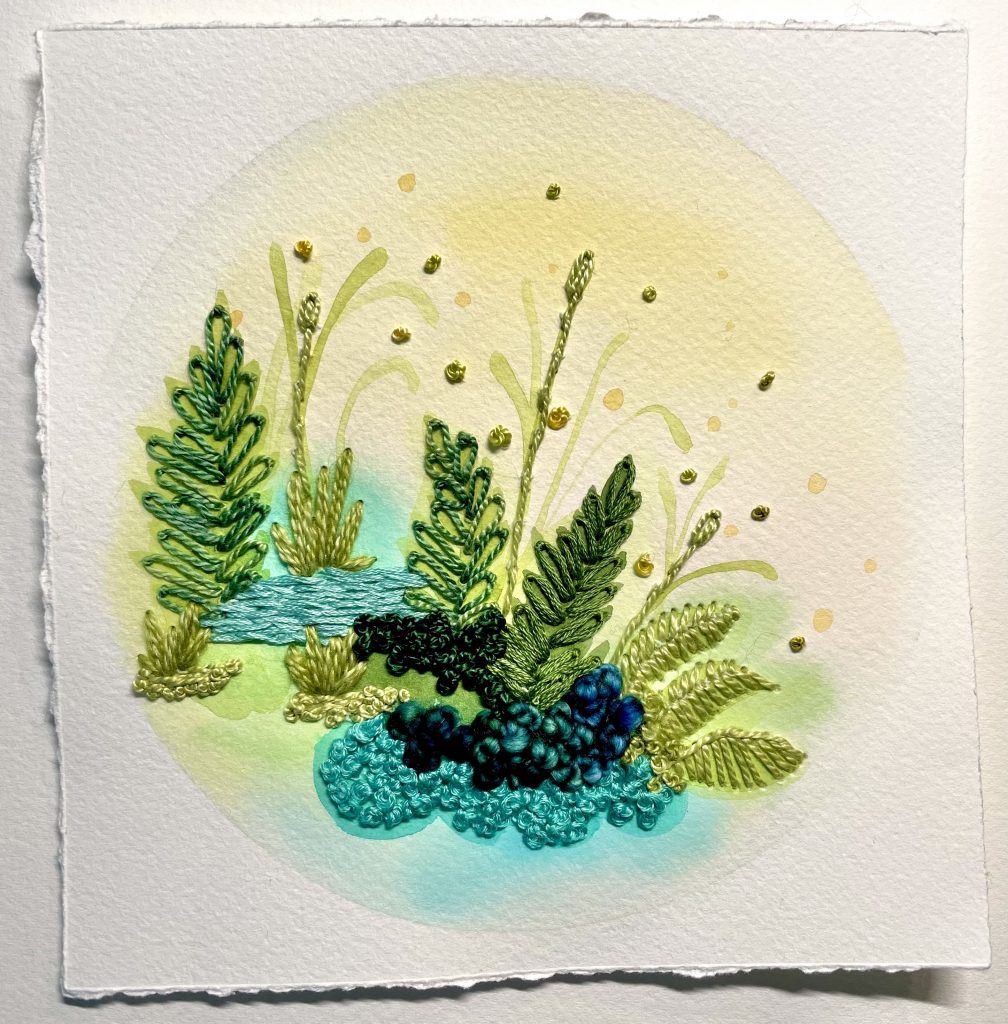 Woodland watercolor and embroidery