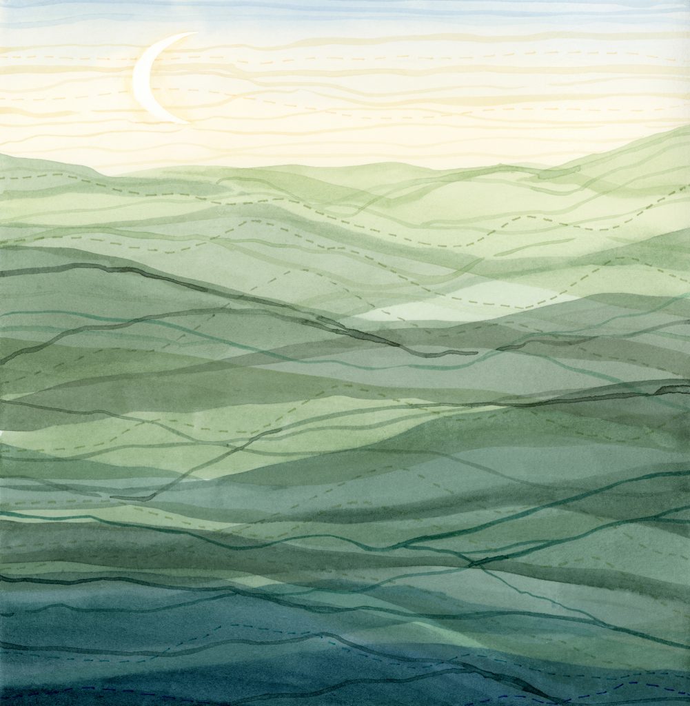 Crescent Moon Stitches abstract watercolor landscape