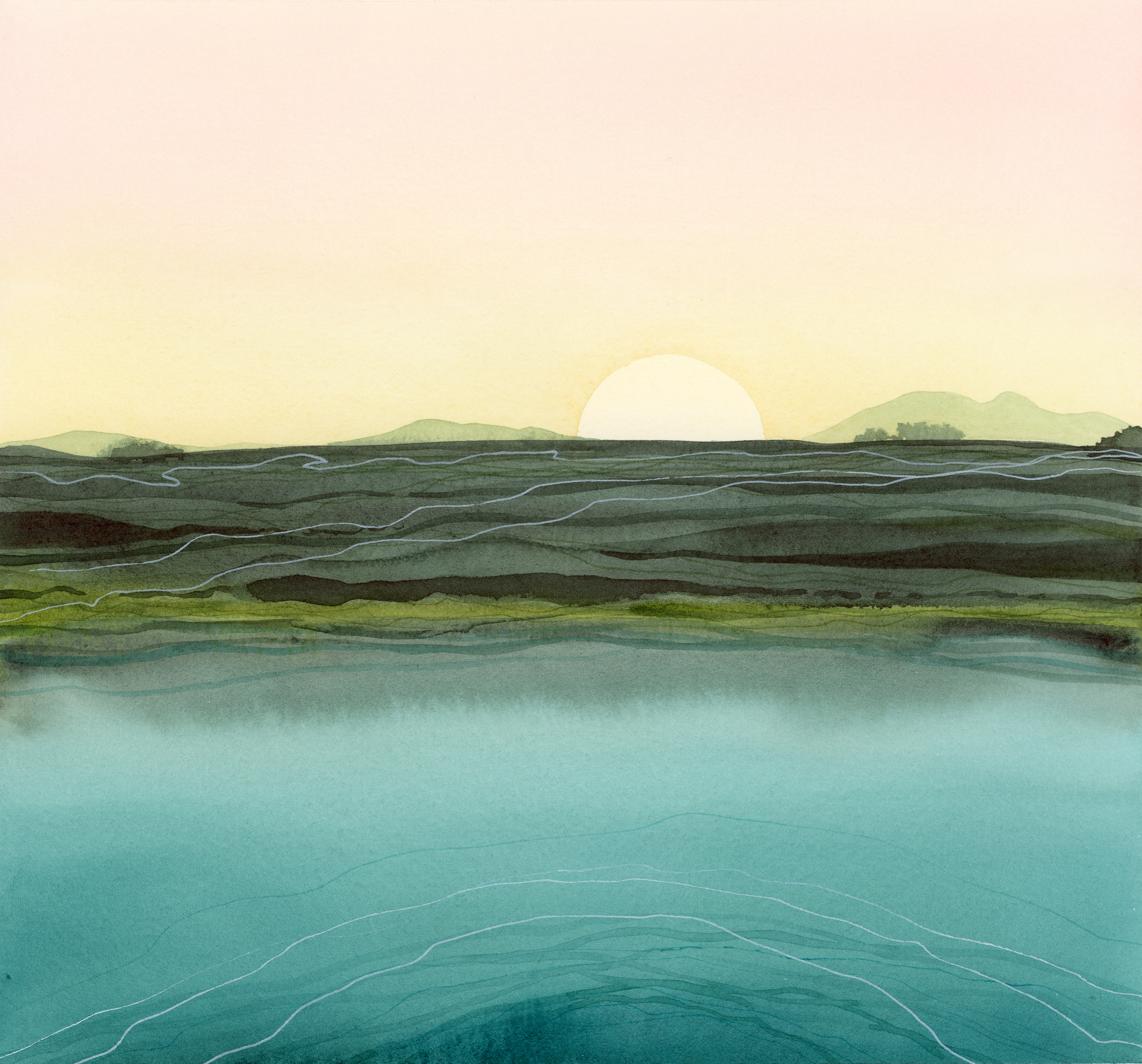 Delta Sunrise abstract landscape watercolor