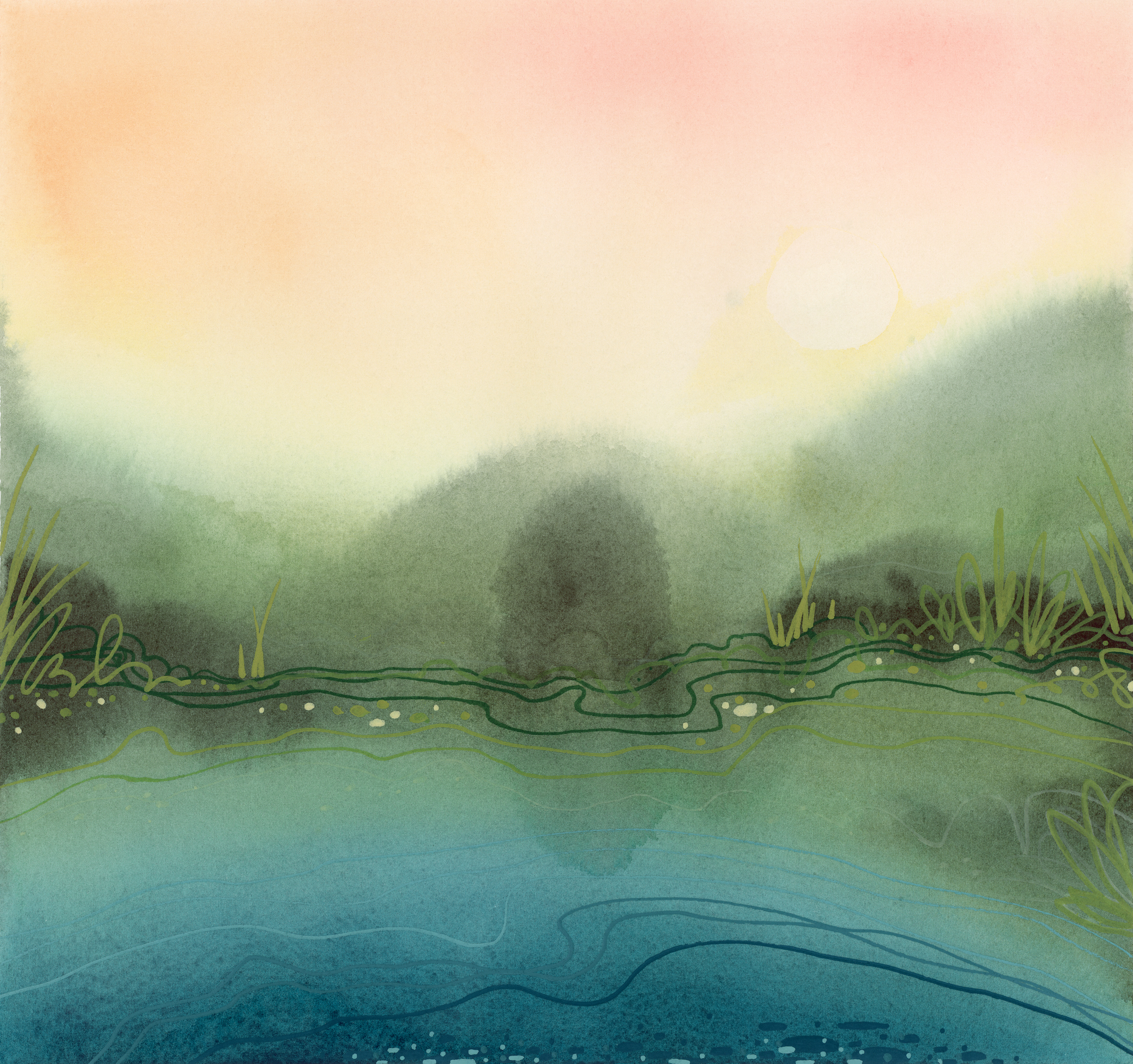 Pond’s Edge abstract landscape watercolor