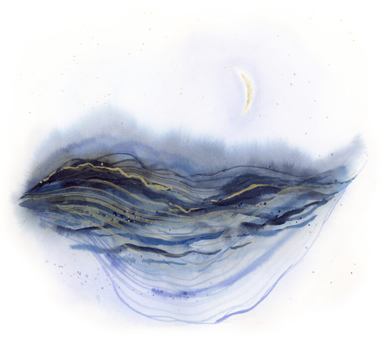 Midnight Roil--abstract seascape watercolor with gold highlights